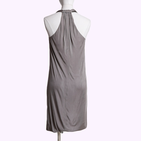 YIGAL AZROUEL Grey Rayon V Neck Dress with Chains - Picture 3 of 4